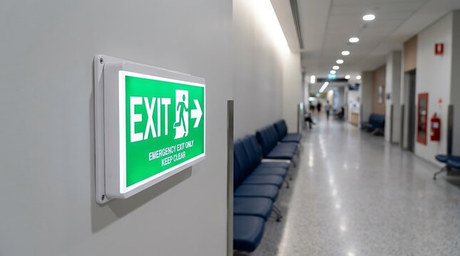 Green illuminated exit sign mounted on a grey wall in a long modern office hallway with chairs and bright lighting