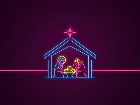 Neon nativity scene with mary joseph and baby jesus in a manger