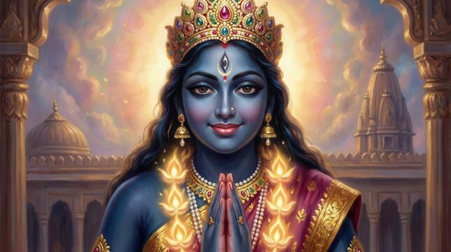 Divine Hindu deity with blue skin holding hands in prayer pose before temple architecture