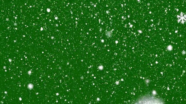 Realistic snowfall overlay on green screen, falling snow particles for winter compositing and motion