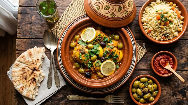 Traditional Moroccan chicken tagine with olives and lemon served on a rustic wooden table with sides of bread and couscous