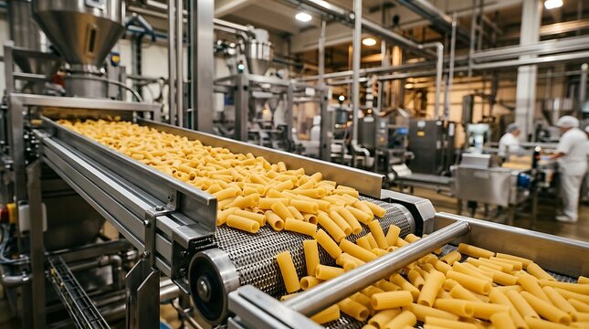 Fresh pasta moving along a metal conveyor belt in a modern food processing factory during the industrial production