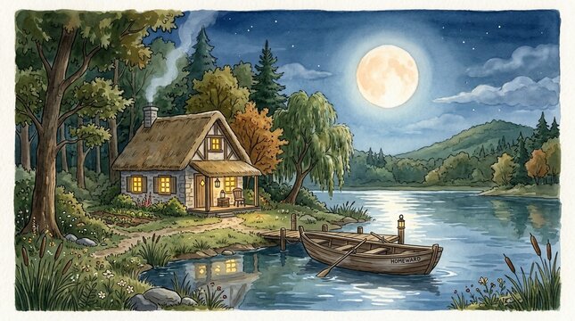 Moonlit Lakeside Cottage