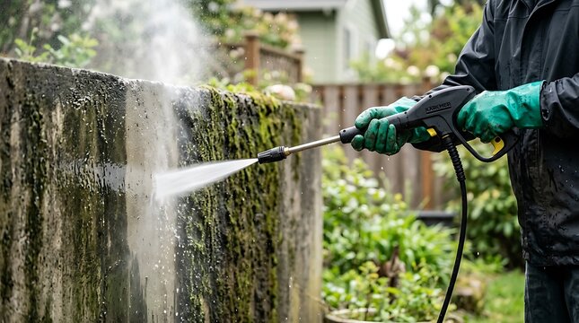 Person using a high pressure water spray to clean a dirty concrete wall in a green backyard garden during the day