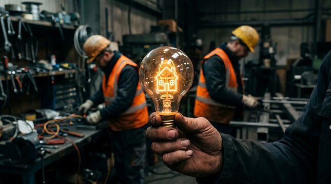 Worker holding a glowing light bulb with a house icon inside in a dark industrial factory with blurred colleagues