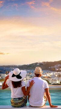 A romantic couple sitting by the swimming pool enjoys the summer sunset view over Mykonos island, Cyclades, Greece
