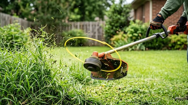 Person using a string trimmer to cut long green grass in a sunny backyard garden during a summer afternoon session