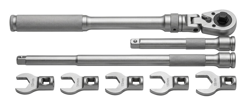 Ratchet wrench set socket tool extension bar chrome mechanical hardware layout isolated on black background for professional automotive repair engineering maintenance industrial work equipment.