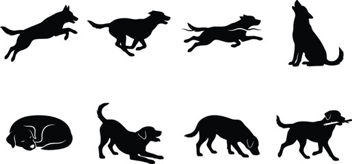 Obraz premium Black and white vector icons set of dog silhouettes showing different actions and poses