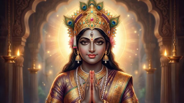 Majestic divine female figure holding hands in prayer gesture inside sacred temple hall