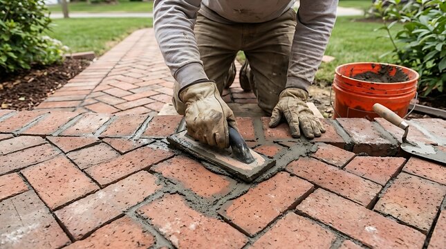 A construction worker installing red brick pavers on a patio path in a garden using a manual grout float tool