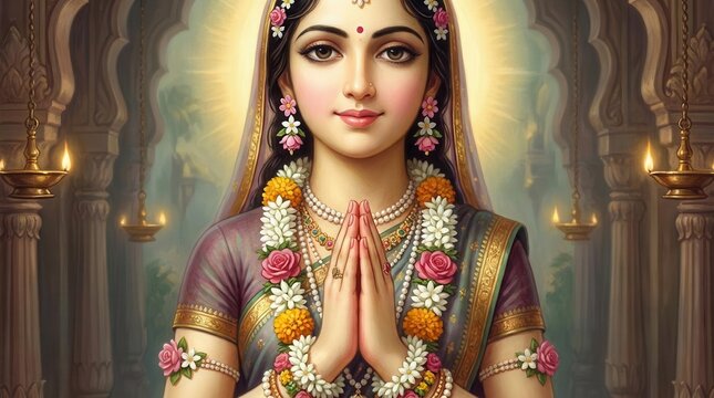 Divine Hindu woman with hands joined in peaceful greeting inside a glowing temple hall
