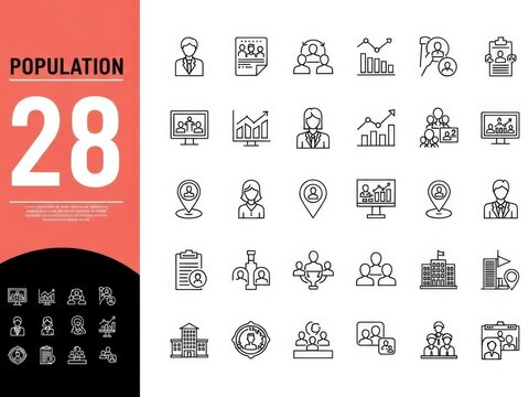 A collection of 28 line icons related to population and demographics on white background