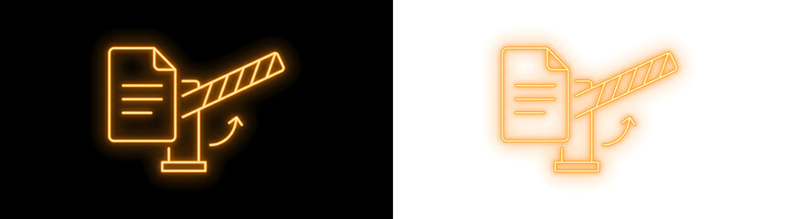 Naklejka premium Glowing Neon Orange Document Icon with Barrier Gate Access Approval Verification Concept