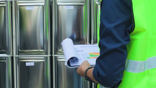 Focused worker wearing safety vest holds clipboard conducting risk assessment matrix inspection near chemical container warehouse