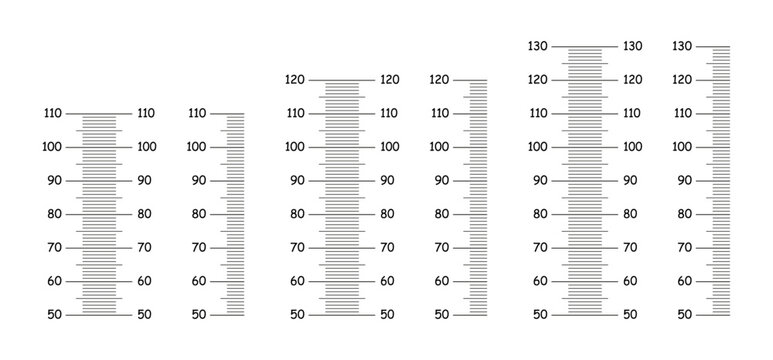 Height flat charts from 50 to 110, 120, 130 centimeters simple icons set. Layouts Growth wall sticker black layouts. Meter wall, growth rulers.