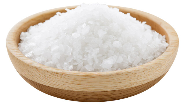 Coarse sea salt crystals piled high in a natural wood bowl, isolated on transparent background