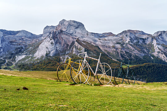 Huge bicycles in honor of the winners of the Tour de France Cycling race at the top of Col d'Aubisque in France