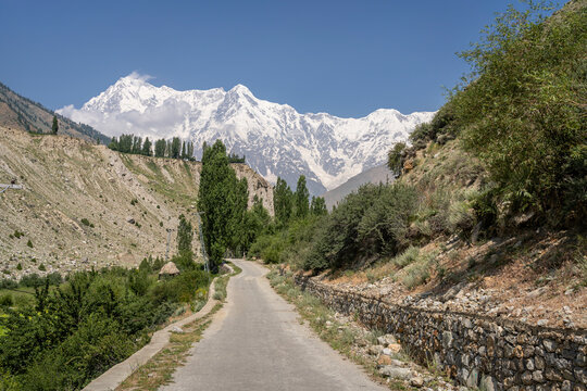 Rural summer landscape view of mighty Nanga Parbat seen from Tarishing valley, Astore, Gilgit-Baltistan, Pakistan