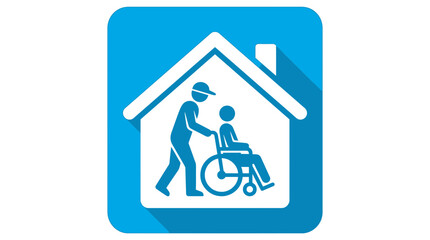 Fototapeta premium Caretaker assisting person in wheelchair icon graphic showcasing professional home medical services with blue flat style