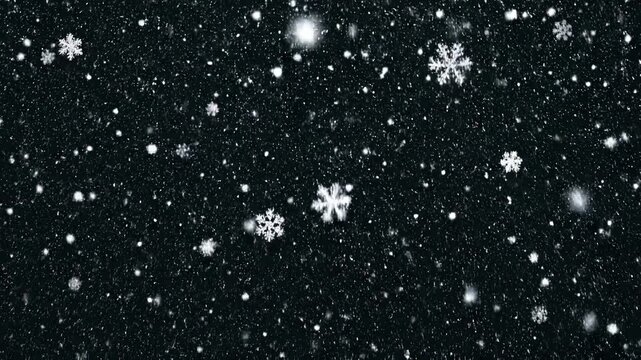 Realistic snowfall overlay with falling white snowflakes on black background, for winter holiday, motion and christmas compositing