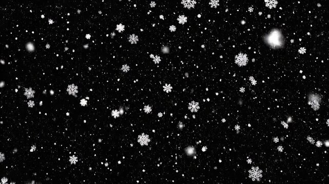 Realistic snowfall overlay with falling white snowflakes on black background, for winter holiday, motion and christmas compositing