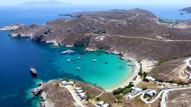 Panoramic aerial view of the popular beach Psili Ammos and Serifos island, Cyclades, Greece