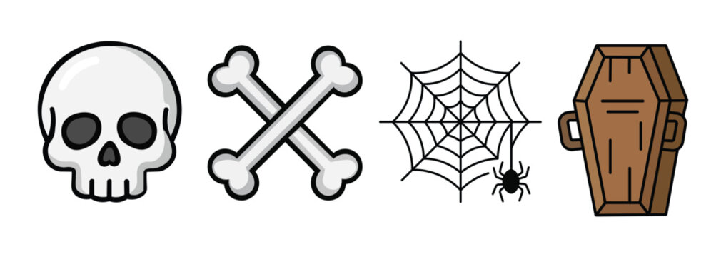 Collection of halloween vector icons including skull crossbones spider web and wooden coffin design