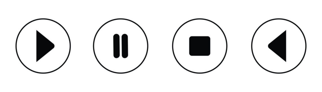 Play, pause and stop button featuring in a round frame- vector icon illustration. Black play and pause vector button icons isolated on white background. EPS 10.