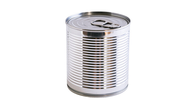 Shiny metal food can with pull tab, isolated on transparent background