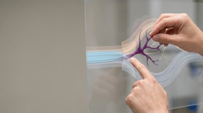 Human hands inspecting a branching inconsistency in a digital data flow with reference streams and wide copy space