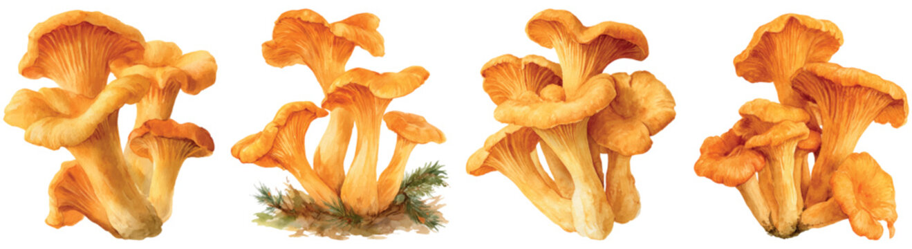 Orange chanterelle mushrooms, or girolles, presented in four separate watercolor illustrations, showcasing their distinct shapes and natural textures on a white background