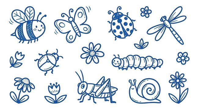 Set of cute handdrawn insects and flowers