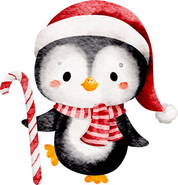 Cute Christmas Penguin Watercolor Illustration
