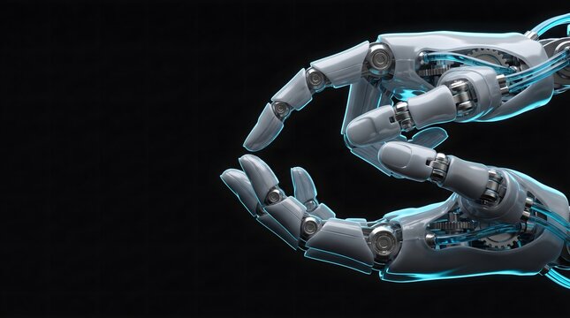 Close up of dark robotic hands performing micro precision calibration with sharp rim lighting on black background for high tech engineering and automated surgery concept