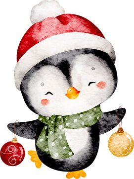 Cute Christmas Penguin Watercolor Illustration
