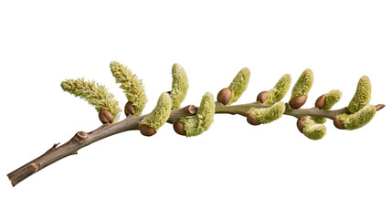Delicate green catkins and brown buds on a rough tree branch, isolated on transparent background © PNGera