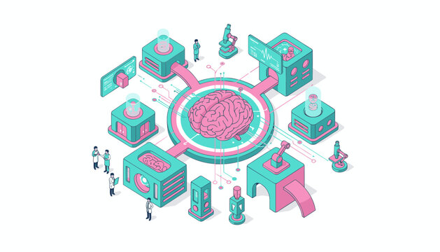 Scientists working in an isometric research facility with a central brain connected to laboratory machines and medical monitors.