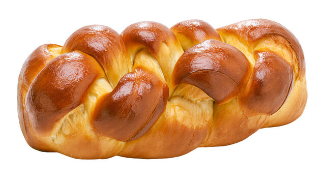 Golden brown braided challah bread loaf, delicious baked pastry isolated on transparent background
