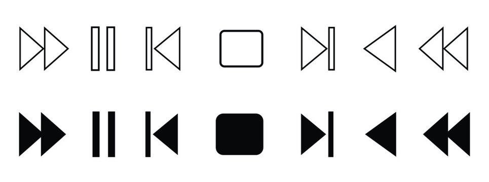 Vector illustration of play, pause and stop button icon with forward, backward, fast forward and fast rewind buttons in filled and stroke design. audio player buttons in black color.