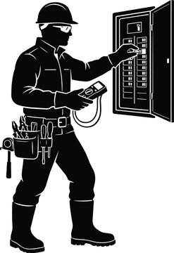 Electrician inspecting electrical panel with multimeter tool electrician working with circuit breaker equipment