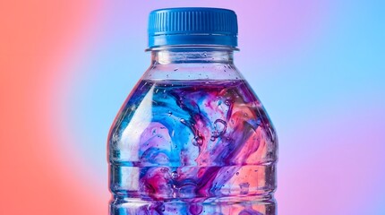 Obraz premium Plastic water bottle with swirling blue and magenta ink clouds for clean liquid refreshment concept.