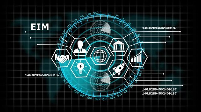Enterprise information management eim digital hud interface featuring global business network data analytics, financial growth charts, and futuristic cyber security connectivity hud overlay