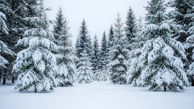Serene winter forest with falling snow: coniferous pine trees covered in fresh white snow in a peaceful seasonal landscape