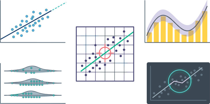 Statistical Regression Analysis and Data Distribution Icon Set Featuring Linear Trend Lines, Scatter Plots, Violin Density Distributions, and Dashboard Analytics Vectors