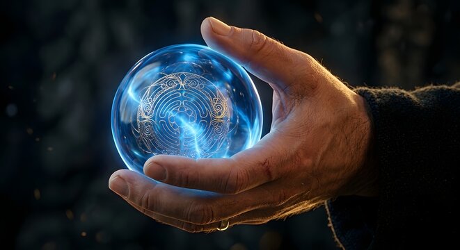 Elderly hands holding glowing glass crystal ball with magical luminous sigil for fantasy divination.