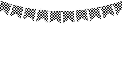 Checkered flag pennant bunting garland hanging on a curved string, ideal for racing themed party decor, finish line banners and motorsport event invitations © Iryna