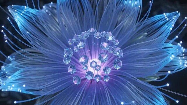 Glowing fiber optic cables forming an abstract futuristic flower shape motion background
