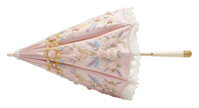 Pink vintage parasol with lace, floral embroidery, and pearls
