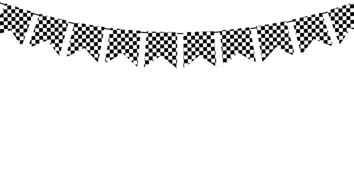Checkered flag pennant bunting garland hanging on a curved string, ideal for racing themed party decor, finish line banners and motorsport event invitations